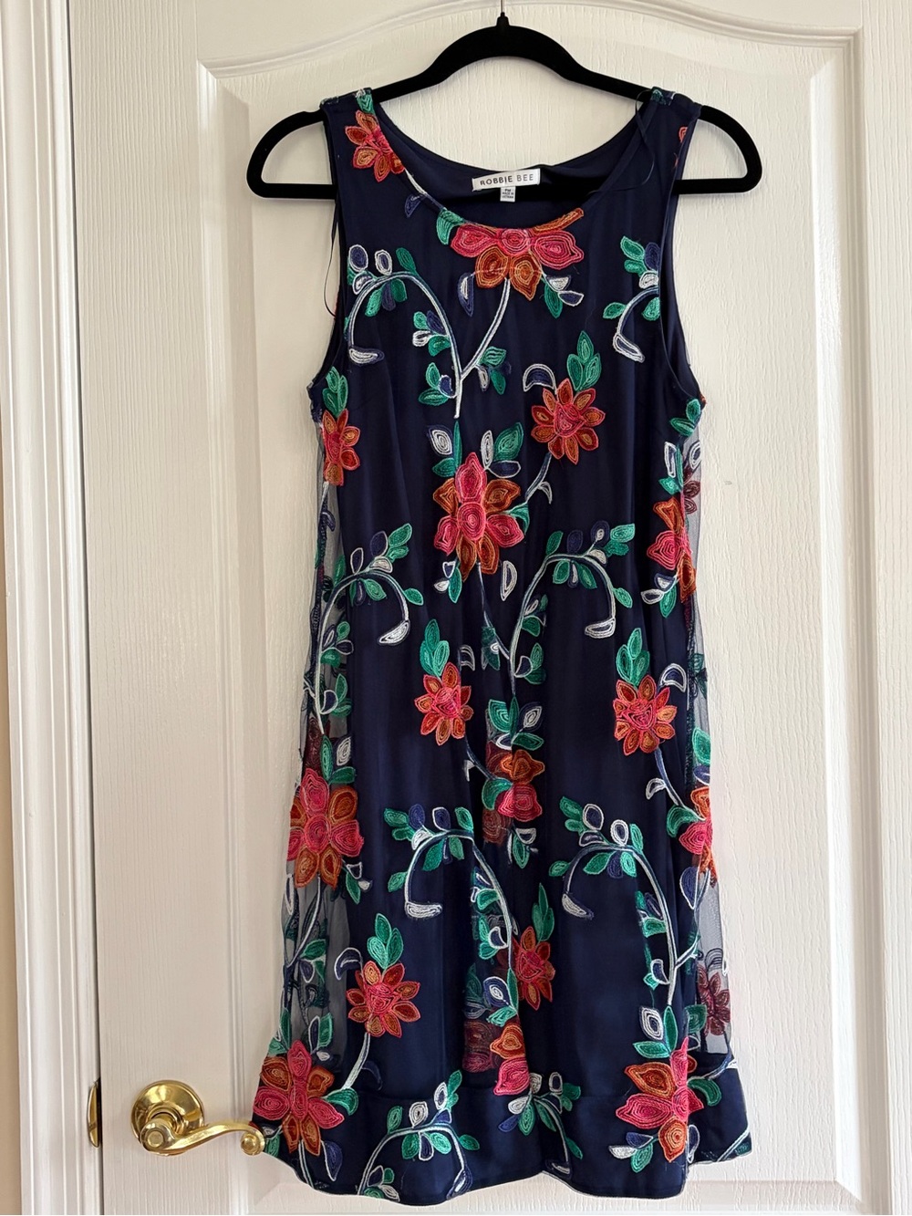 Robbie Bee Navy Floral Embroidered Sleeveless Mini Dress Size PM